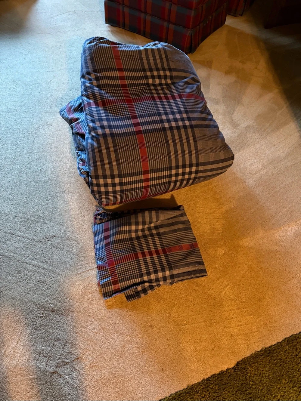 Plaid Comforter in Navy, Gray and Red Stripe